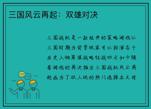 三国风云再起：双雄对决